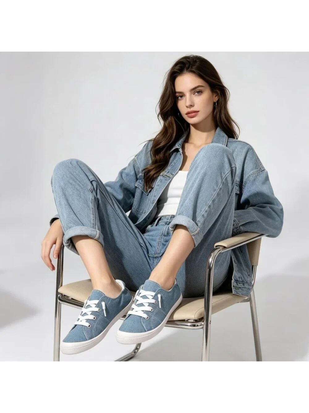 Women's Denim Blue Tennis Shoes Classic Canvas Low Top Athletic Running Sneakers